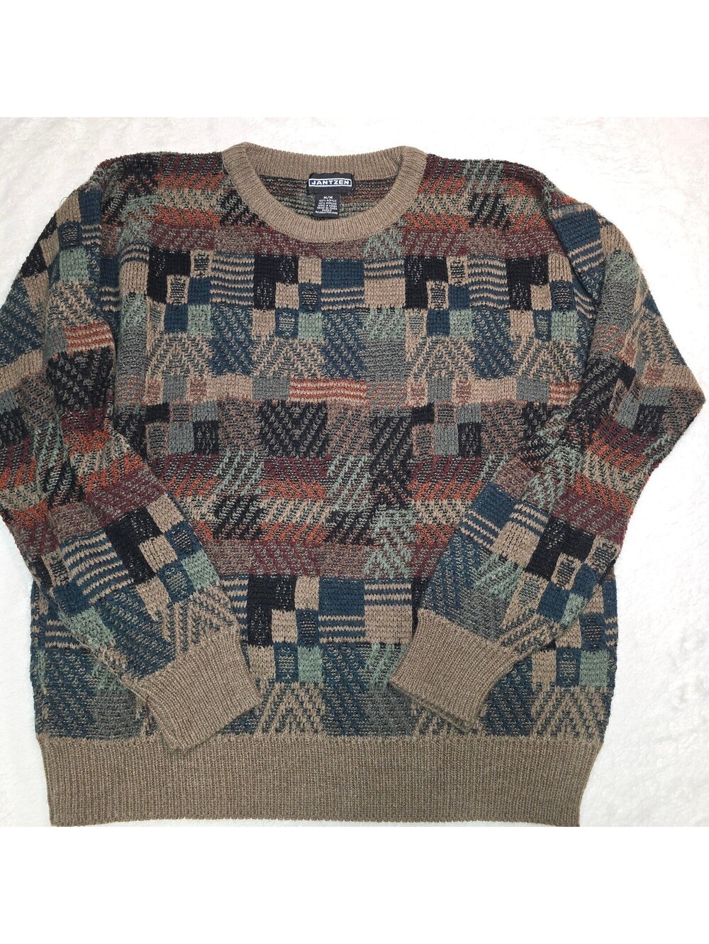 Vintage 90s Jantzen Geometric Patchwork Knit Sweater Men Medium Multicolor Cosby